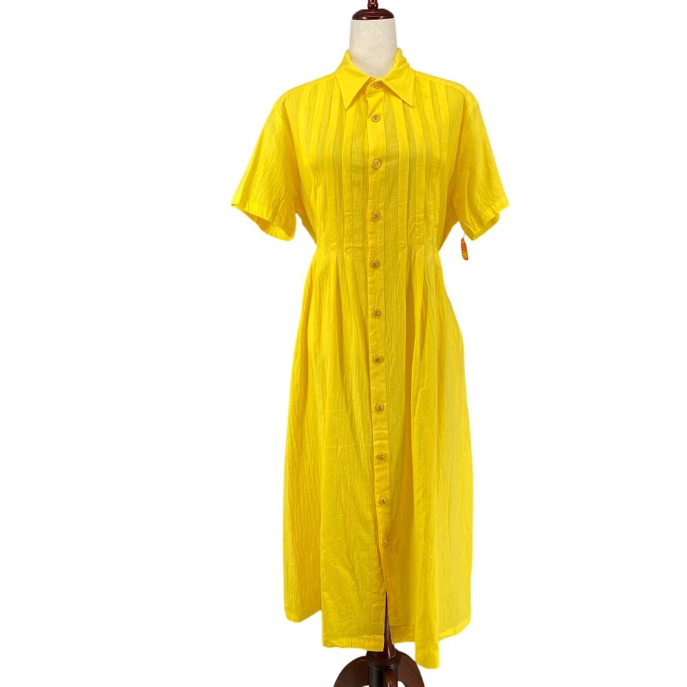 Vtg 80s 90s Two Potato Button Down Tie Back Short Sleeve Maxi Dress M Yellow NOS